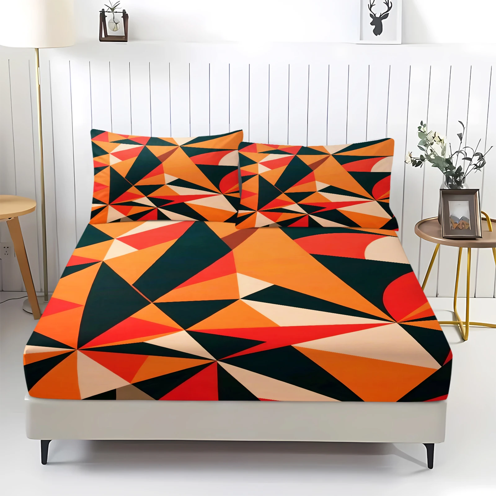 Retro Warm Tone Geometric Print Fitted Sheet 3 Pieces Breathable Anti-Wrinkle All Season Stretch Bed Cover Modern Art Bed Sheets