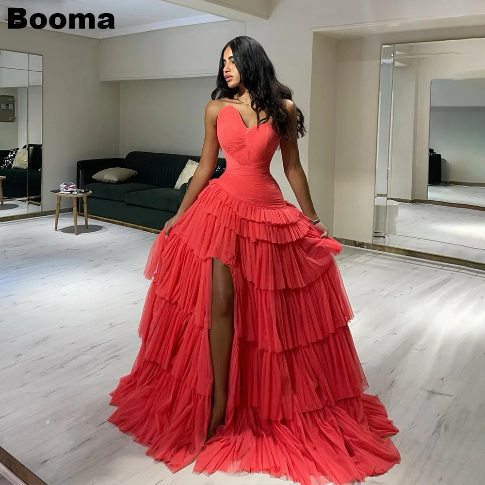 

Booma Saudi Arabia A-Line Evening Party Dress Strapless Sleeveless Prom Dresses Tiered Chiffon 2023 Formal Occasion Gowns Dubai