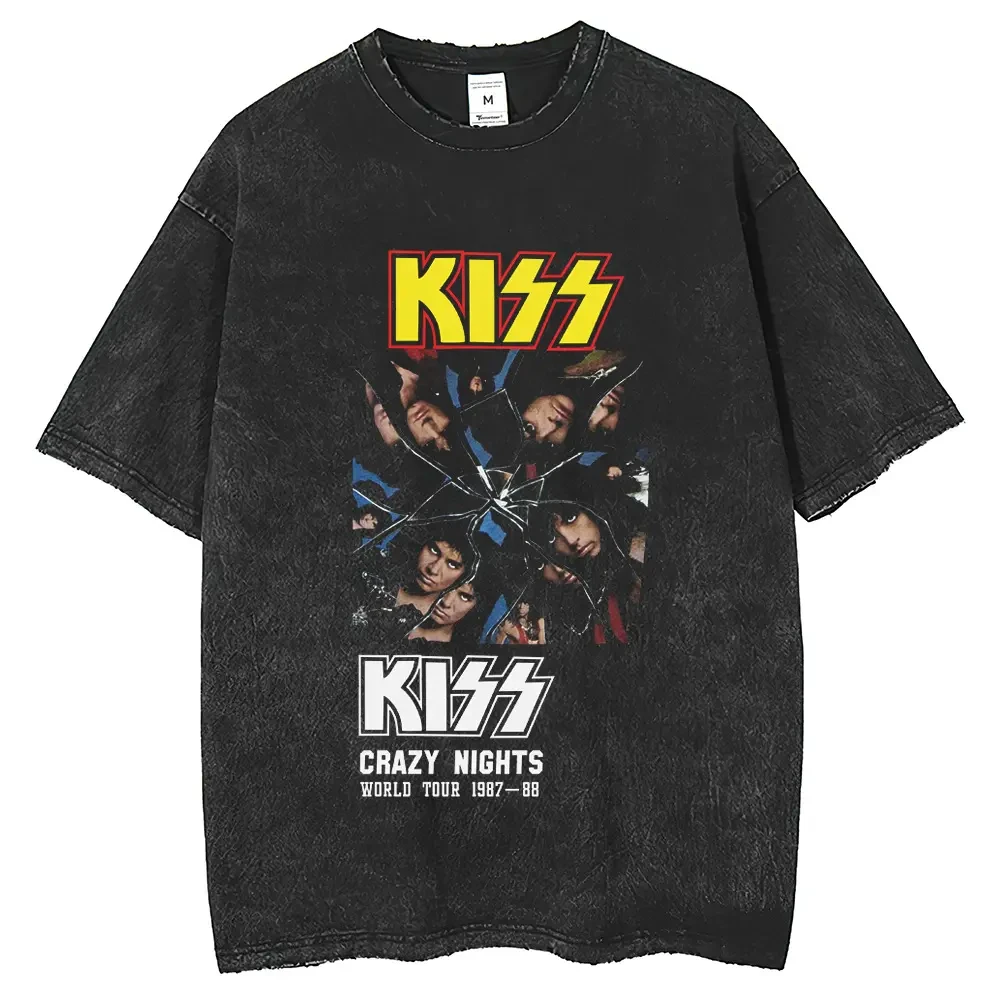 

Washed Vintage Short-sleeved KISS Rock Band High Street Distressed Printed T-shirt Men's High-quality Luxury Brand