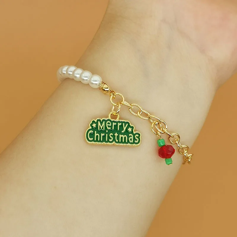 New Christmas Bracelets Imitation Pearl Santa Claus Snowman Pendant Bracelets Bangle For Women Charm New Year Xmas Jewelry Gifts