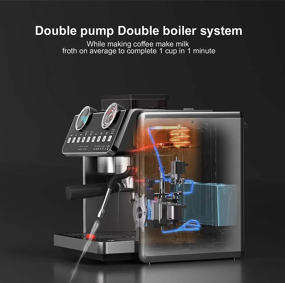 Semi-automatic Espresso  Machine with Beans Grinder Double Boiler Electric Coffee Machine for Cafe and  Hotel