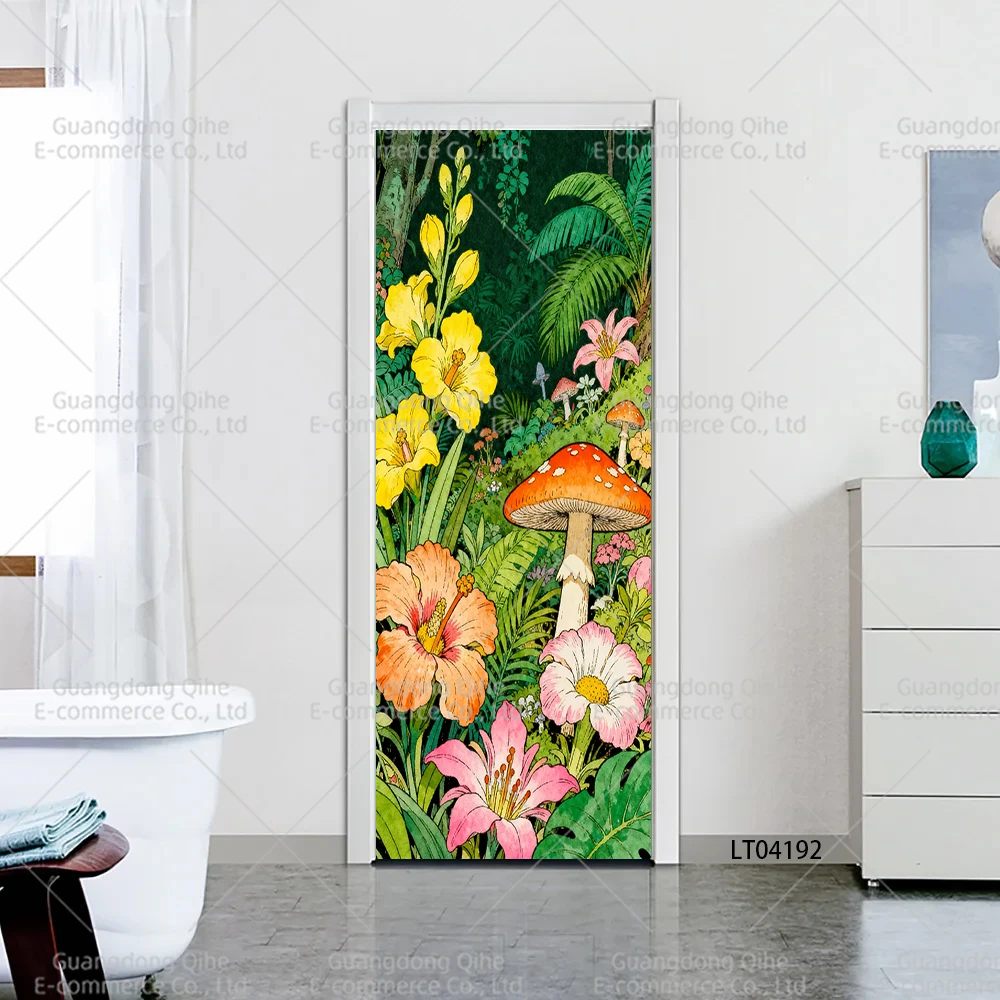 Abstract Mushroom Plant Coconut Tree Painting Door Decor Sticker Self-Adhesive Decals Full Door Wrap Wallpaper Home Decoration