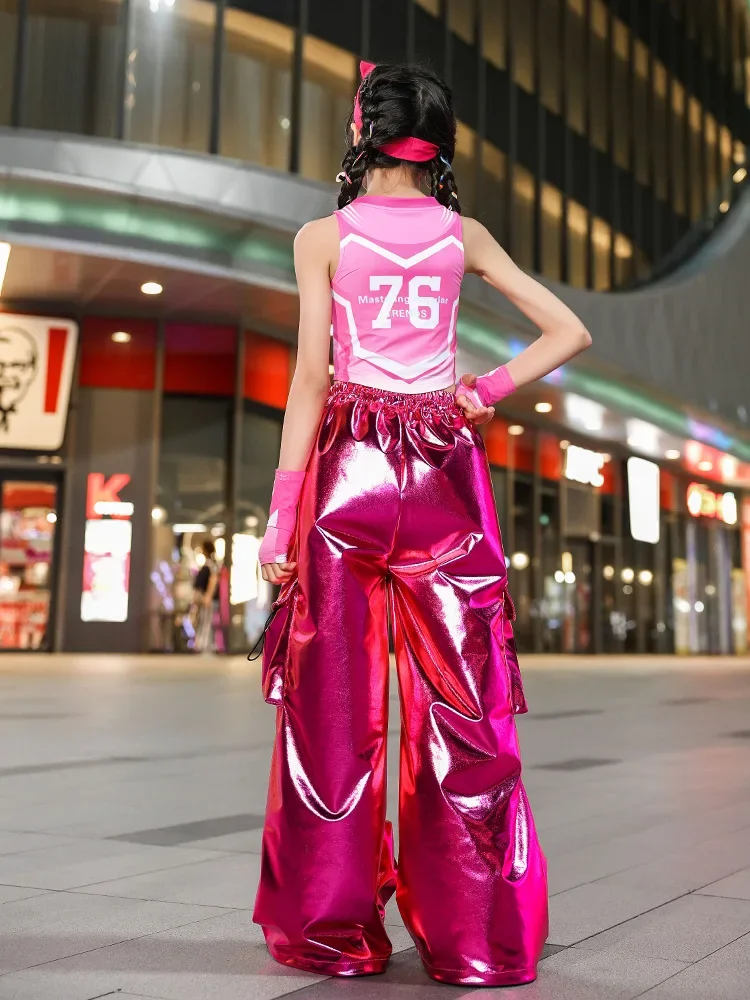 Mädchen Hip Hop Set Rosa Ärmellose Weste Glänzende PU Leder Cargo Hosen Street Dance Für Kinder Streetwear Kind Jazz Kleidung