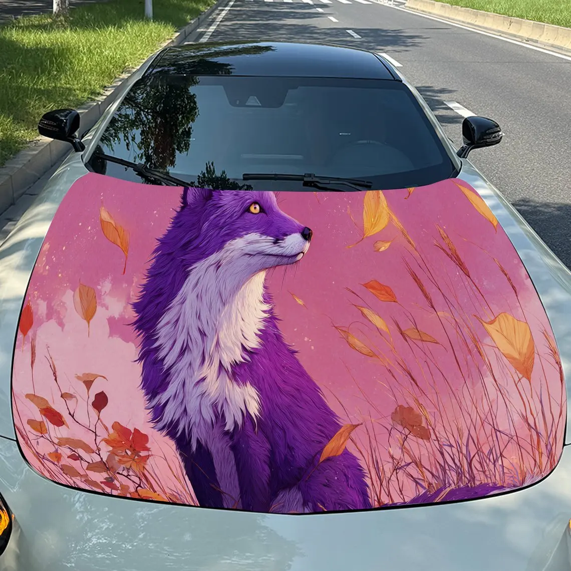 Trendy Autumn Field Purple Fox PVC Car Hood Wraps, Self-Adhesive Waterproof Car Bonnet Decal Sticker, Car Decoration Protection