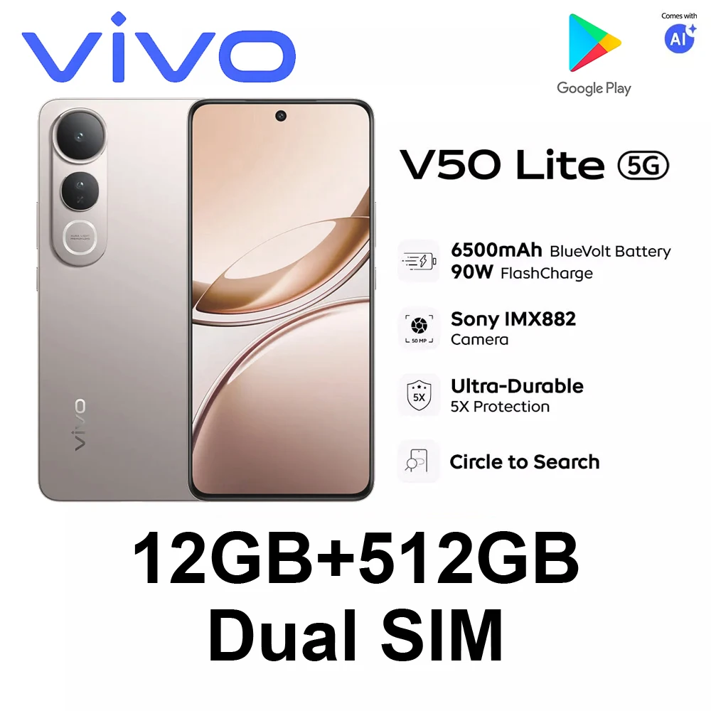 Smartphone VIVO V50 Lite 5G Versão Global 100% Original, Tela AMOLED de 6.67" 120Hz, Android 15, Suporte Google Play