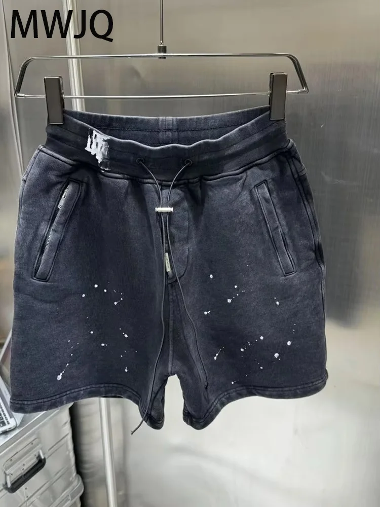 

MWJQ Handmade Graffiti Male Shorts High Quality Streetwear Japanese Distress Drawstring Loose Fifth Pants Summer Tide 010347
