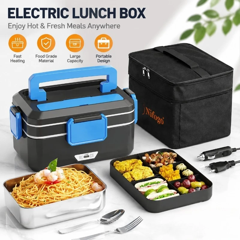 Dual‑Use Electric Heated Lunch Box, 12V Car & Home Plug‑in Food Warmer, 304 Stainless‑Steel Portable Heating Bento Box with Insulated Bag, Fast Heating Food Container for Office, Car, Travel