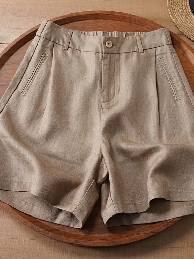 Damski lniany komplet casualowy, wysoki stan, wyszczuplający, luźny krój, letnie, cienkie lniano-bawełniane spodnie z szerokimi nogawkami, prosty krój, długość do połowy uda.