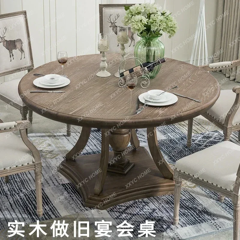 TT Solid wood round table French retro old Roman column dining table box banquet table