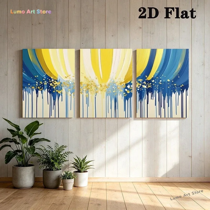 2D Flat, 2D Flat, 3pcs Modern Boho Yellow Blue Paint Drip Art with Golden Flakes, Frameless Wall Art for Living Room Bedroom,