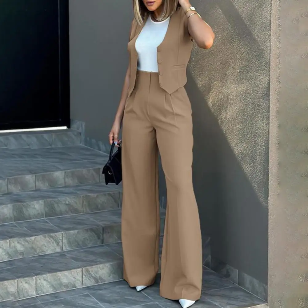 Women Vest Women Suit Elegant Lady Baggy Pants Set with Vest Solid Color High Waist Women\'s Wide Leg Pants Streetwear