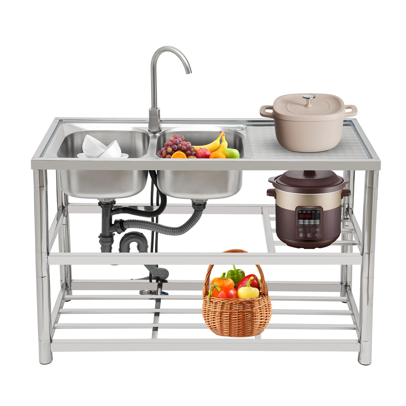 스테인리스 스틸 이중 싱크대(작업대 포함), 독립형 싱크대(배수구 포함, 수도꼭지 포함), 각 싱크대 크기 33*33*18cm, 실버