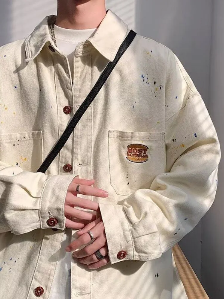 

Мужская джинсовая куртка Spill Ink: весенне-осенняя, с отложным воротником, молодежная, в американском ретро-стиле, рабочая одежда