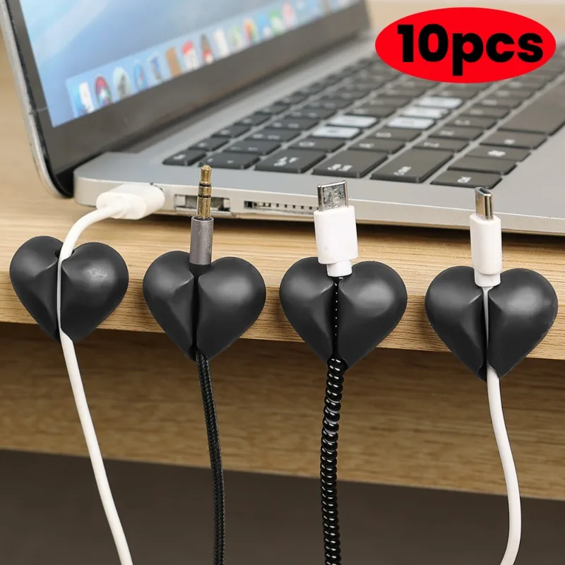 Silicone USB Cable Organizer Clips Love Heart Shape Data Cord Charger Line Holder Clamp Desktop Tidy Wire Management Winder