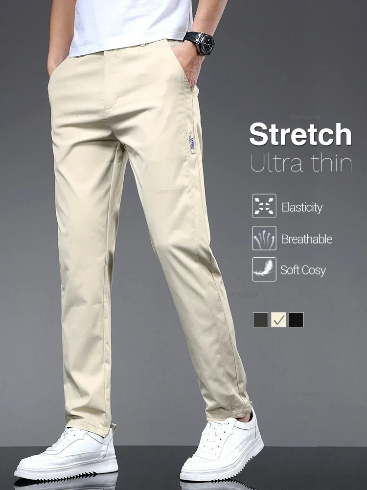 

2024 Summer Ultra-thin Fashionable Casual Pants for Men Soft Elastic Slim Straight Solid Color Trousers for Men Black Beige Grey