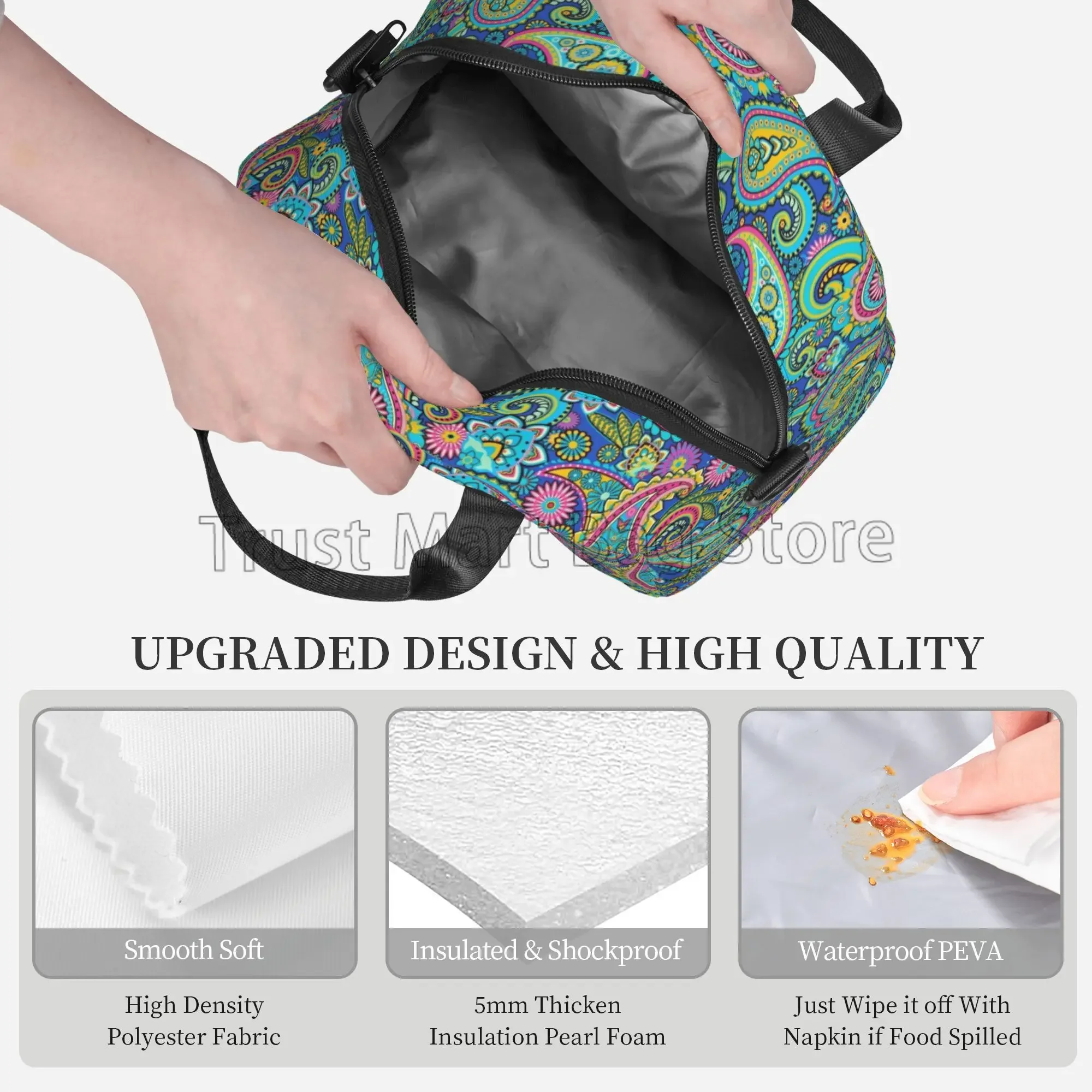 Paisley Pattern Insulated Lunch Bag Women Waterproof Reusable Lunch Box Cooler Thermal Bento Tote with Adjustable Shoulder Strap