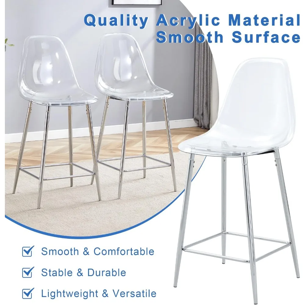 Counter Height Bar Stools Set of 2, Clear Bar Stools for Kitchen Island Set of 2, Transparent Acrylic Barstools with Metal Brack