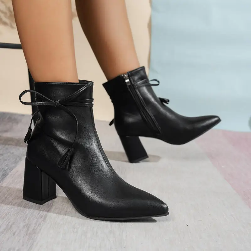 Elegant Pointed Toe Thick High Heel Ankle Boots Women Winter 2026 Bowknot Decoration Black Ankle Boots Women's Short Booties
