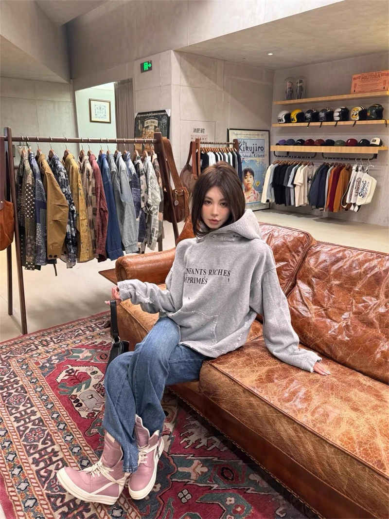 ERD High Quality Letter Slogan Printed Vintage Hoodie High Street American Casual Lazy Style Trendy Cotton Street Hip Hop Rock
