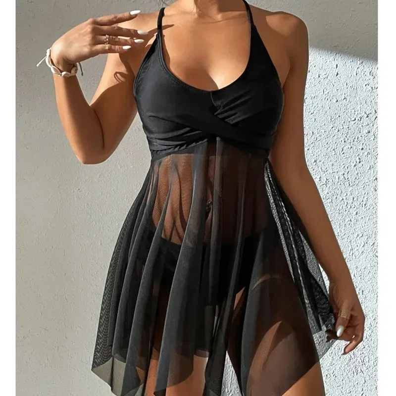 Sexy Mesh Swimdress Black Two Piece Swimsuit Women 2026 Swimwear Bikini Set Beachwear Bathing Suit Tankini Push Up Monokini 3XL