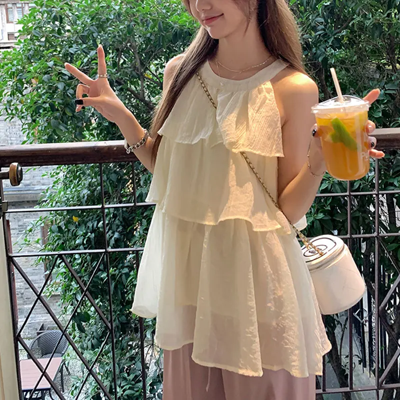 Basic Sleeveless Halter Shirt Women\'s Clothing Fashion Ruffles Spliced Loose French Style Summer Off Shoulder Solid Color Blouse