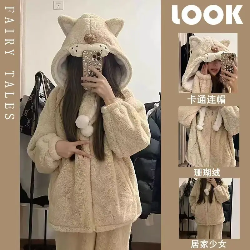 

Winter Cute Lion Hooded Pajama Sets Women Sweet Kawaii Autumn Coral Fleece Warm Homewear Schoolgirls Lounge Sleepwear Set