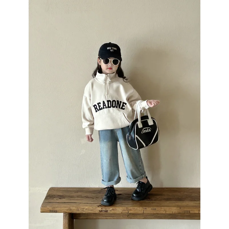 Children's Sweater2024Autumn New Children's Clothing Young and Little Girls Baby Western Style Letter Half Zipper Top