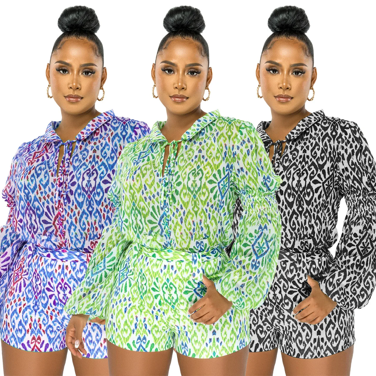 

Chiffon Printed Long Sleeves Sets Women O Neck Shirt Shorts Suit Casual Top 2 Piece Set Beach Holiday Party Elegant Suit