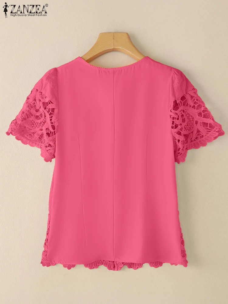ZANZEA قمصان نسائية أنيقة من الدانتيل 2025 بلوزات صيفية بلايز موضة قصيرة الأكمام منتفخة تونك رقبة دائرية بلوزات فضفاضة غير رسمية للنساء