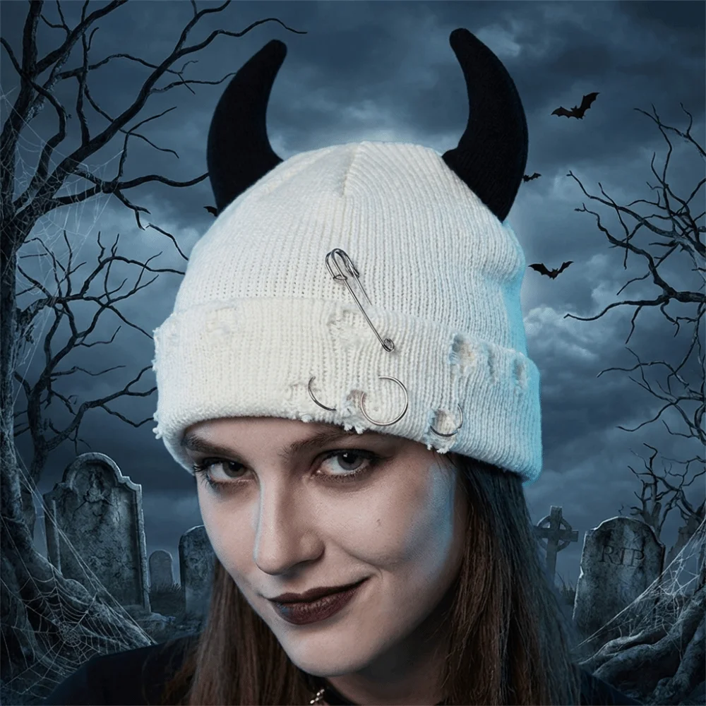 Fashion Yarn Devil Horns Hat Distressed Adjustable Winter Pullover Cap Solid Color Harajuku Knitted Beanie Female/Male