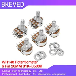 5pcs WH148 B1K B2K B5K B10K B20K B50K B100K B500K 6Pin 20mm Shaft Amplifier Dual Stereo Potentiometer 1K 2K 5K 10K 50K 100K 500k