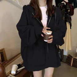 Women's Zip Up Korean Fashion Loose Hoodies Vintage Black Gray Hooded Sweatshirts Couple Outerwear Jacket Coat