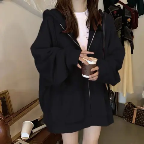 여성용 집업 한국 패션 루즈 후드, 빈티지 블랙 그레이 후드 스웻셔츠, 커플 아우터 재킷 코트