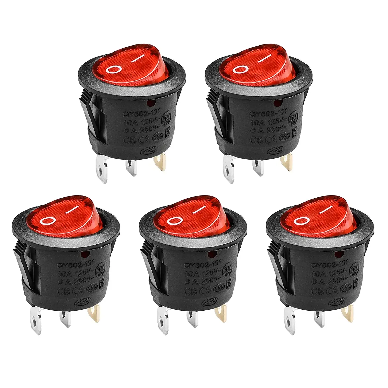 5 PCS KCD1 On/Off 3-Pin 2-Position Snap 10A/125V, 6A/250V Red LED Round Boat Rocker Switch