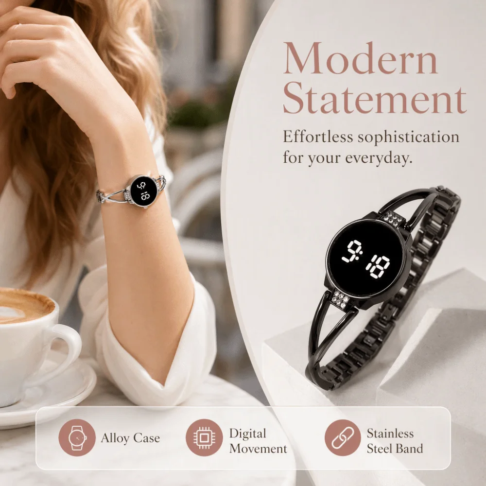 Electronic Touch Screen LED Watch Rhinestone Metal Bracelet Bangle Watch LED Display Round Digital Watch Daily Wear