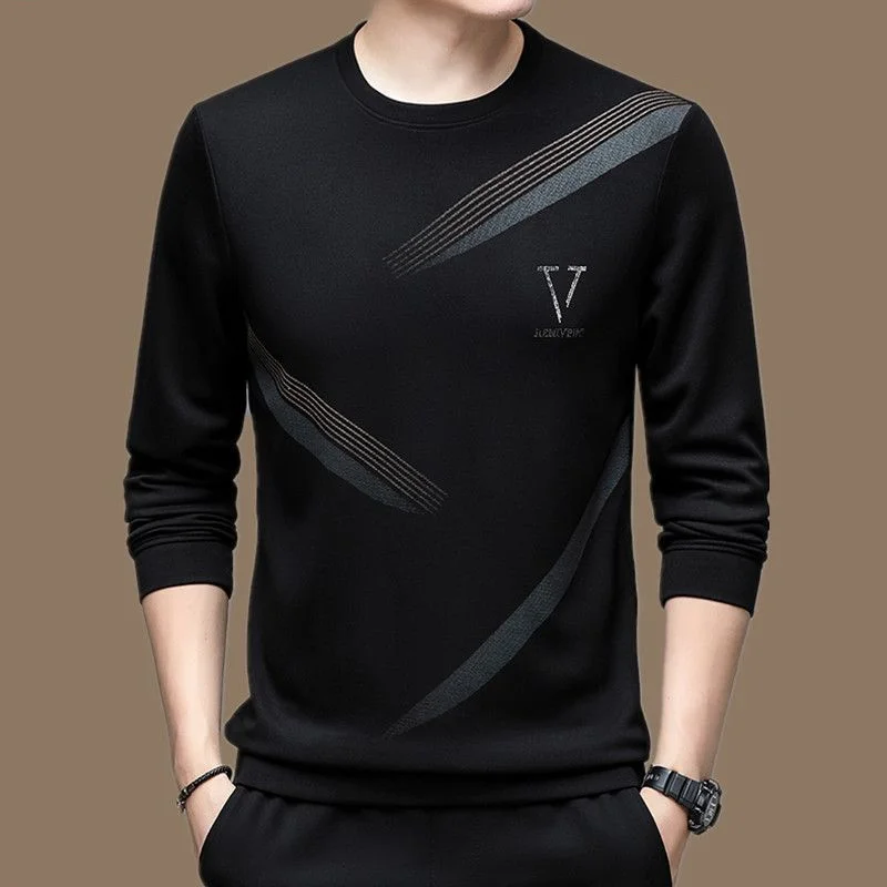 Printing Long Sleeve Pullovers Interior Lapping Fashion Loose Tops Autumn Winter Thin Men T-Shirts O-neck Trend Men\'s Clothing