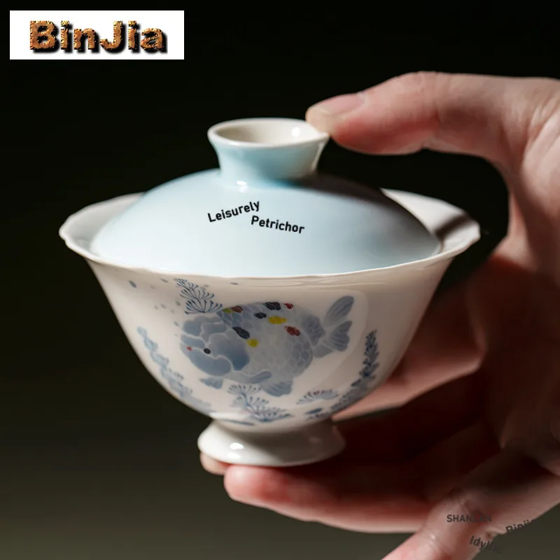 

110 мл ручная роспись с толстой головой рыбы Gaiwan элегантная чайная варенька бытовая чайная чаша с крышкой комплект крышка для заваривания чая миска для чайного ремесла