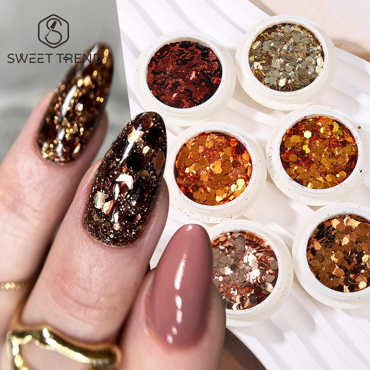 6 Colors Fall Winter Chunky Hexagon Nail Sequin Metal Mirror Brown Gold Vintage Luxury Sparkly Autumn Theme Manicure Flash Decor