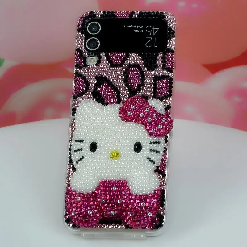 

Samsung S21 22 23 Ultra for Samsung Folding Z Flip 3 4 5 Phone Case Fold 2 3 4 Cartoon Rhinestone Cute Leopard Print Hello Kitty