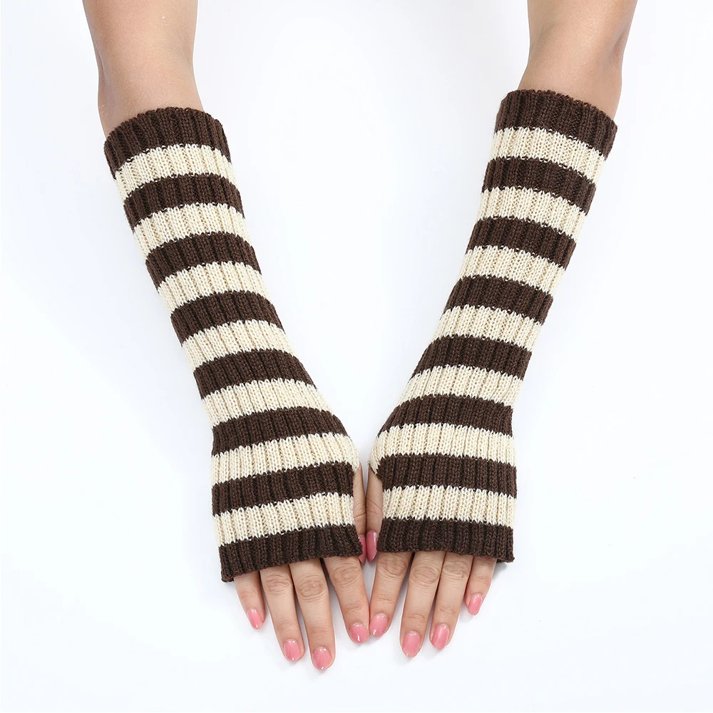 Winter Knitted Arm Sleeve Covers Women\'S Striped Long Fingerless Gloves Wool Knitting Wrist Arm Warmer Punk Gothic Elbow Mittens