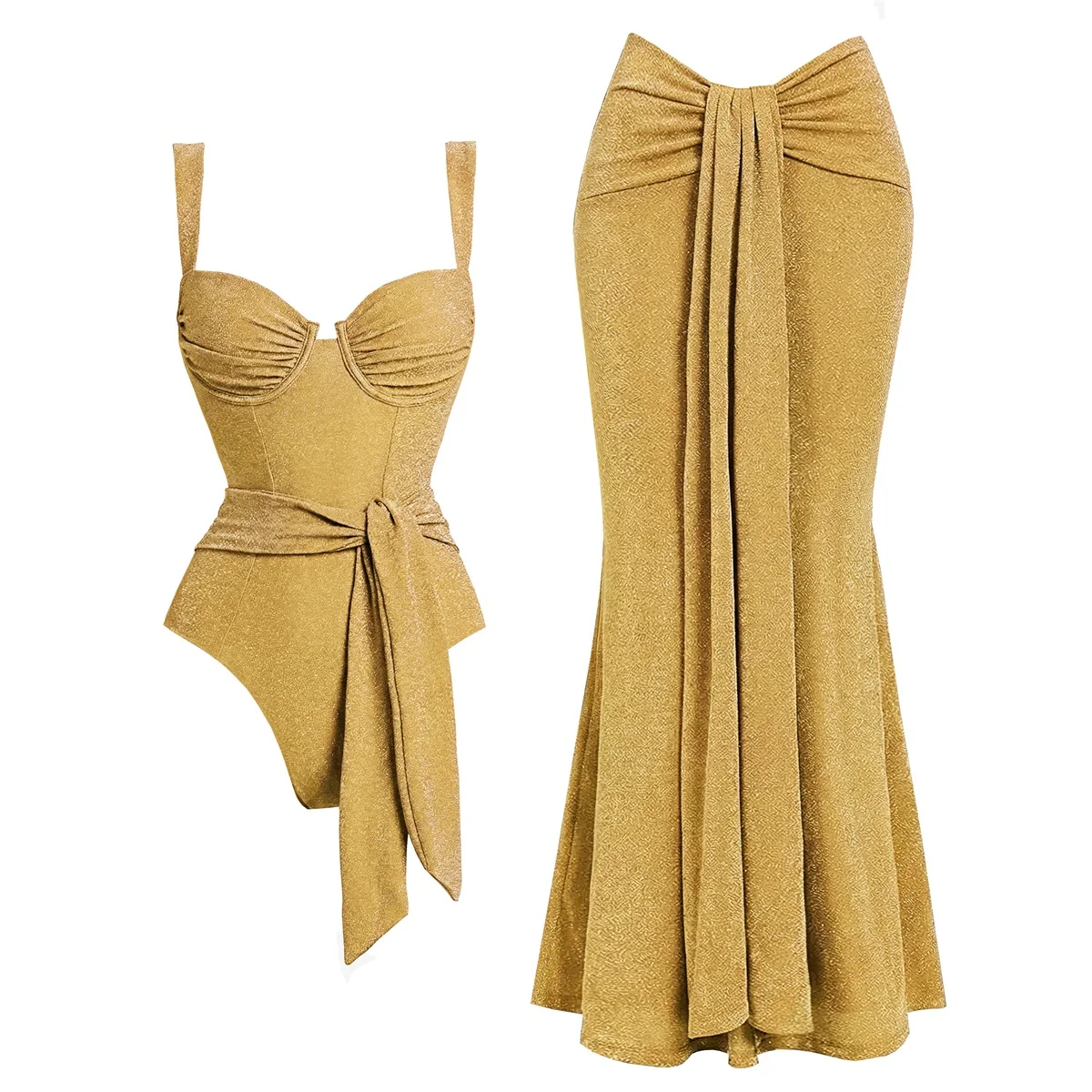 

Комплект из 2 предметов: блестящий женский купальник-бикини с эффектом пуш-ап, однотонный, с поясом, на бретельках, пляжный наряд, пляжная одежда