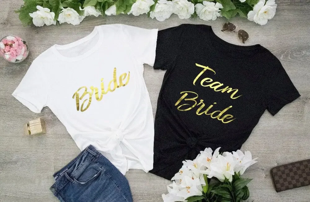 

Team Bride Tshirt Fashion Gold Print Women Bachelorette Party Shirt Aesthetic Cotton O Neck Short Sleeve Top Tee Graphic T-shirt