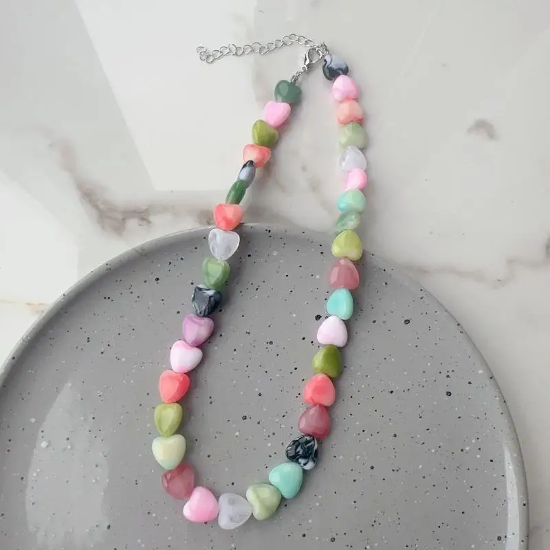 Minimalist Colorful Acrylic Heart Beaded Choker Necklace Adjustable Non-toxic Jewelry for Women Party Accessory