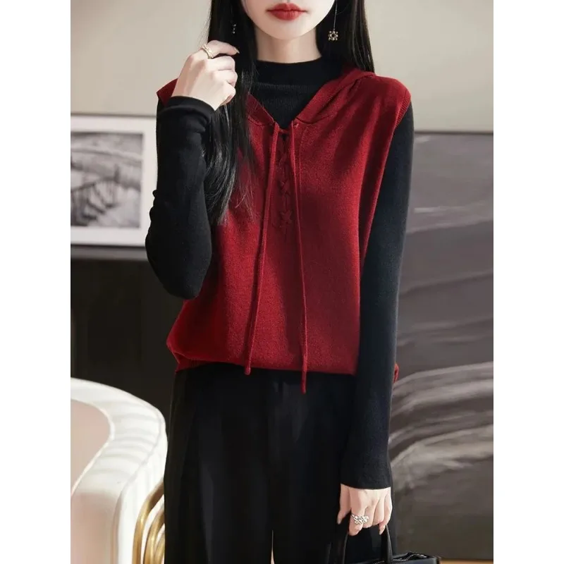 Women's Fashionable Hooded Solid Color Versatile Knitted Pullover Sweater Vest Loose Casual Bottoming Shirt Top