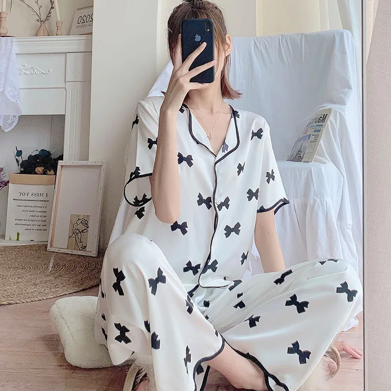 Women Pajamas Set Summer 2 Piece Butterfly Bow Print Pyjama Faux Silk Satin Sleepwear Short Sleeve Pijama Mujer Pjs Homewear