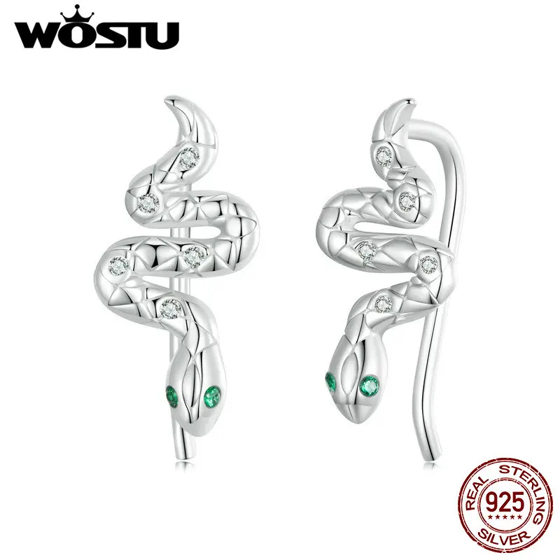 

WOSTU 925 Sterling Silver Vintage Snake Ear Cuffs Ear Clip Earrings Shiny CZ Animal Ear Studs Party Wedding Jewelry Punk Gift