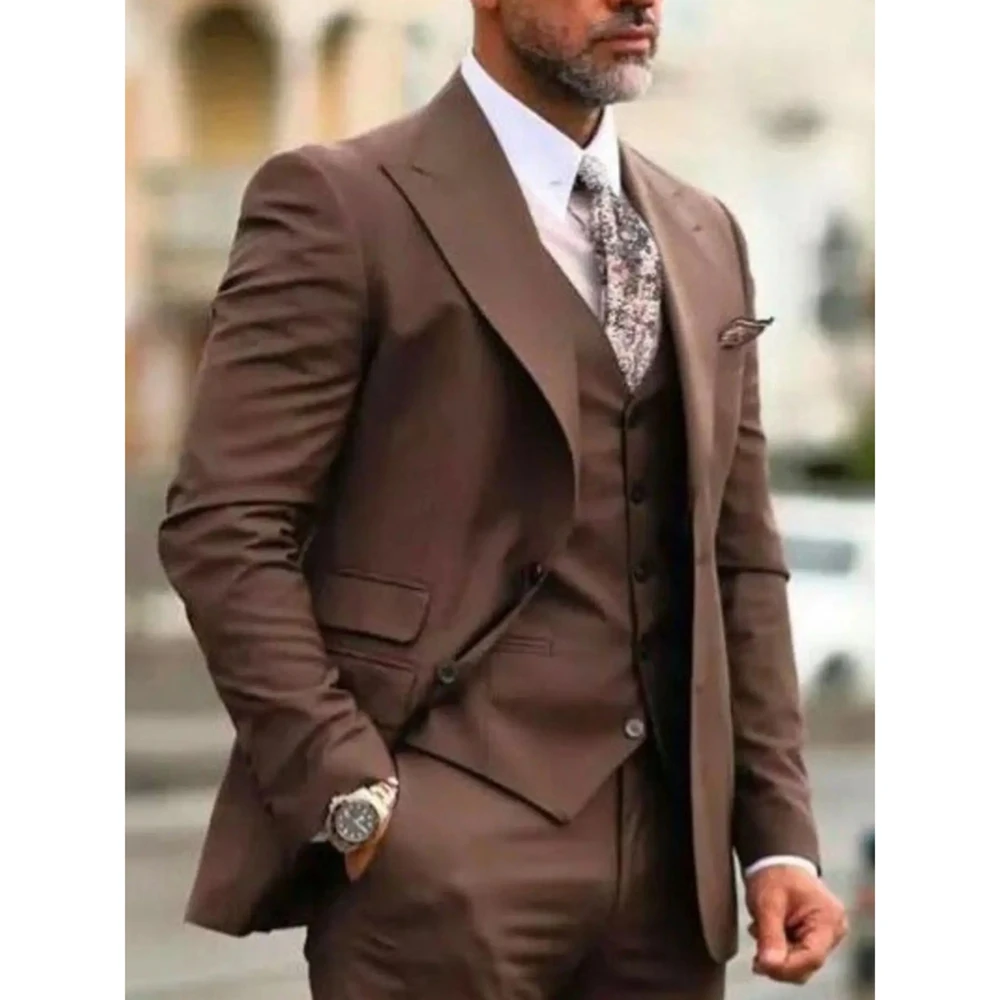 Classic Brown Suits for Men Wedding Business Formal Tuxedo 2025 Vintage Peak Lapel Custom 3 Pcs Jacket+Pants+Vest Costume Homme