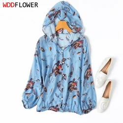 Women Cardigan 100% Mulberry Silk Hoodie Thin Type Printed Buttons Down Long Sleeve Coat Top Blouse Summer Beach Cover Up M1137