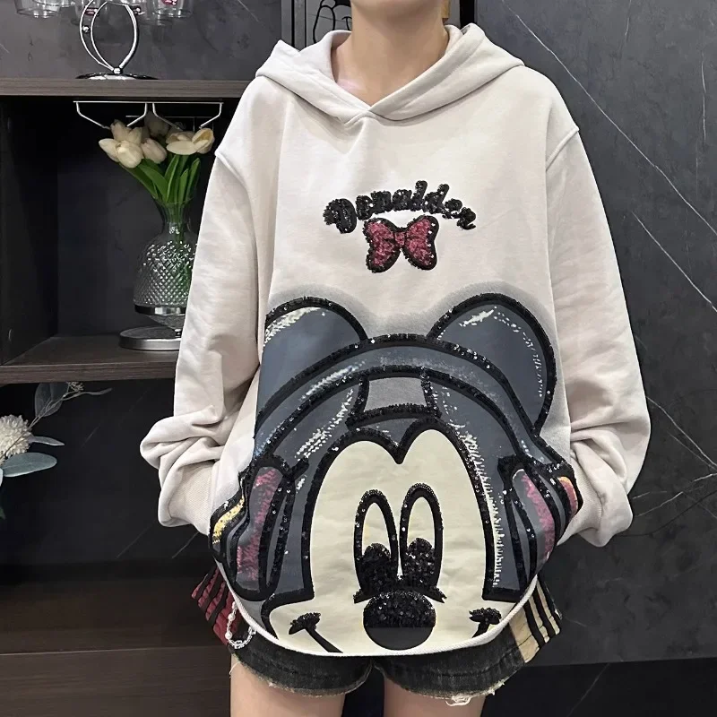 New Unique Design Heavy Industry Sequin Printing Cartoon Bow Hooded Sweatshirts Loose Short Top Long Sleeves Kawaii Hoodie Women