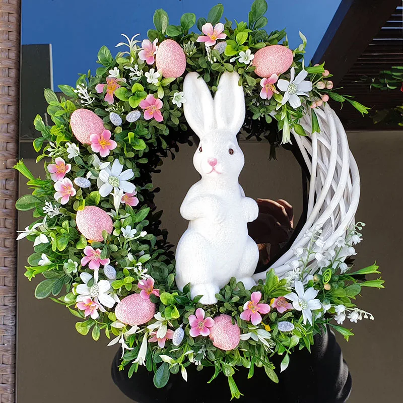 Easter Wreath Bunny Decorations Home Artificial Lavender Easter Bunny Flowers Wreath for Front Door Outdoor Wall Decor Ornament